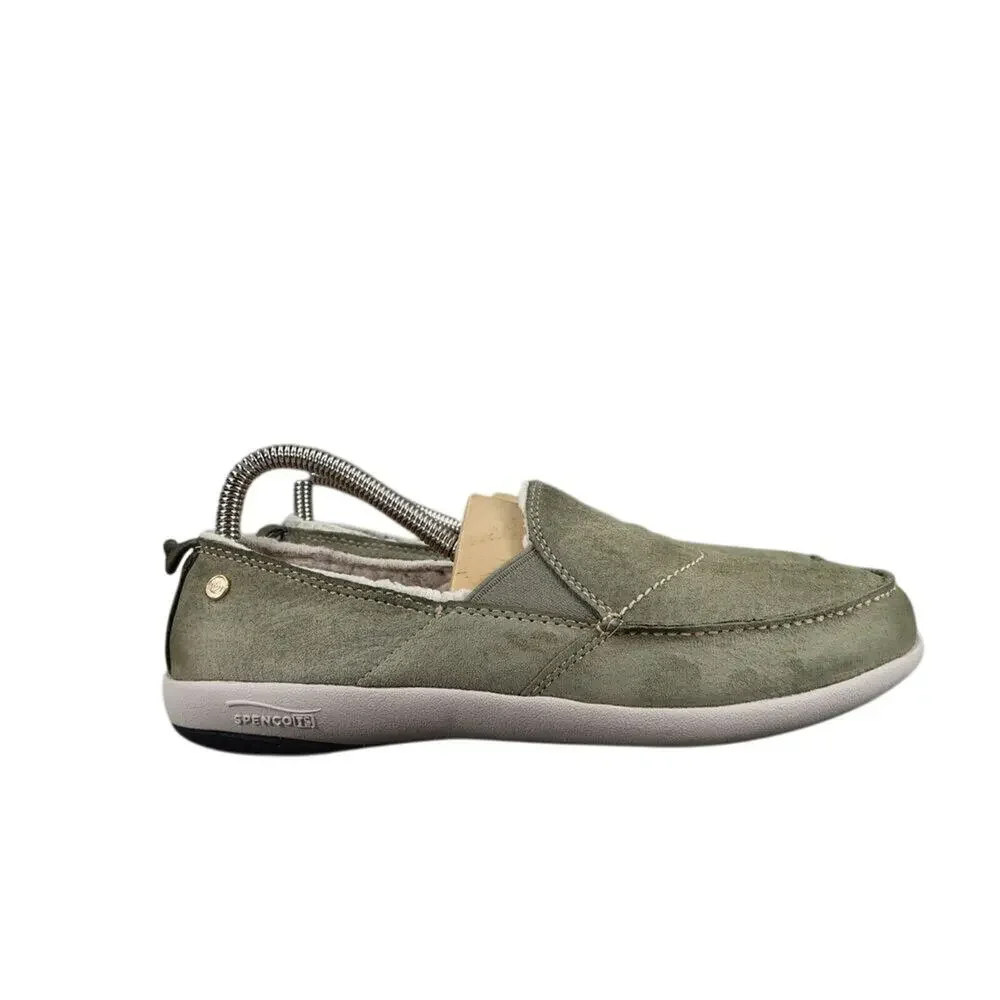 Spenco Shoes Womens 7 Slip On Loafer Flats Leather Green Comfort Casual Faux Fur